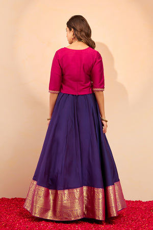 Peacock Embroidered Skirtset with Zari Border - Pink & Purple