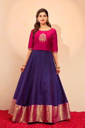 Peacock Embroidered Skirtset with Zari Border - Pink & Purple