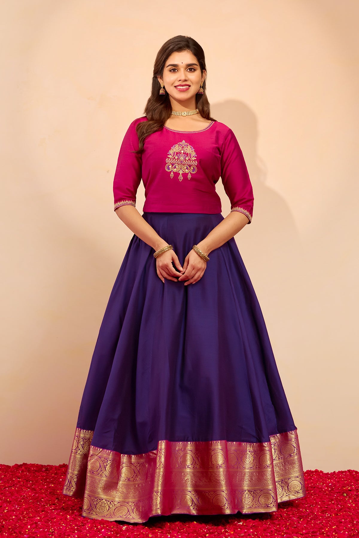 Peacock Embroidered Skirtset with Zari Border - Pink & Purple