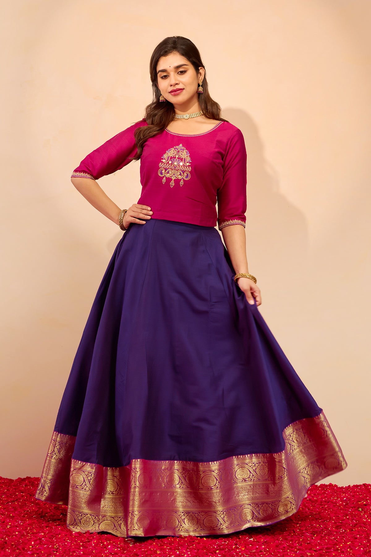 Peacock Embroidered Skirtset with Zari Border - Pink & Purple