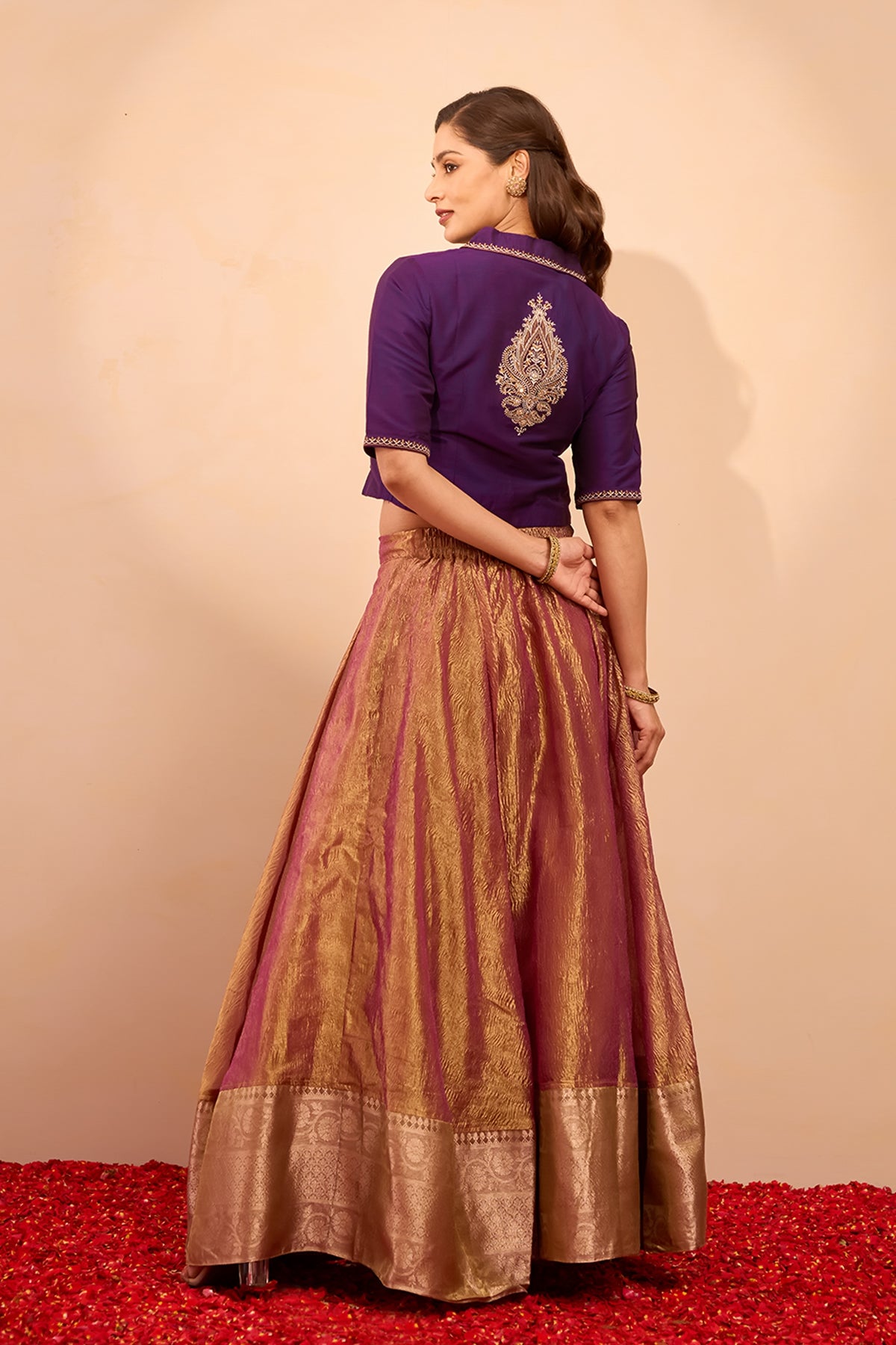 Paisley Placement Embroidered skirtset with Crop Shirt - Burgundy & Gold