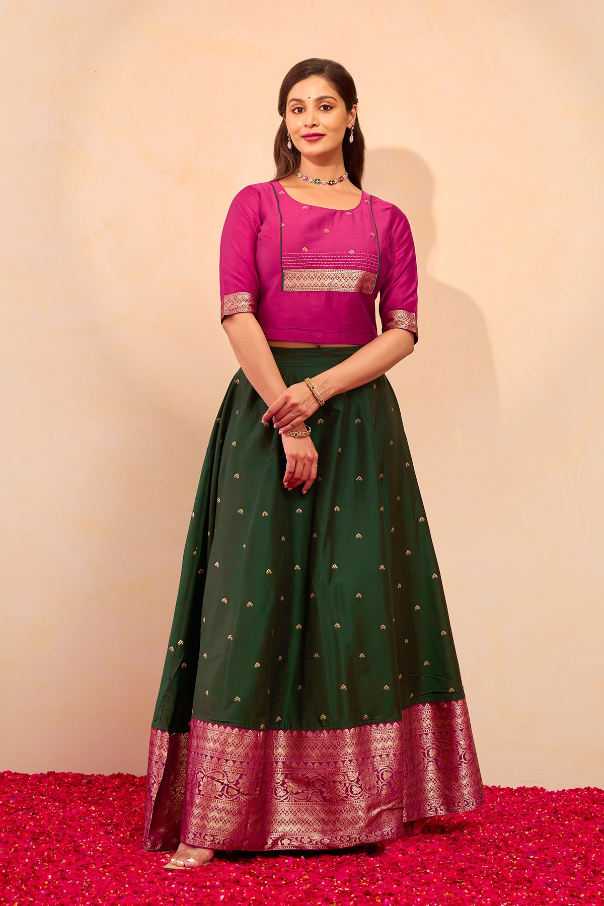 Zari Embellished Skirtset with Striped Dupatta - Green & Pink