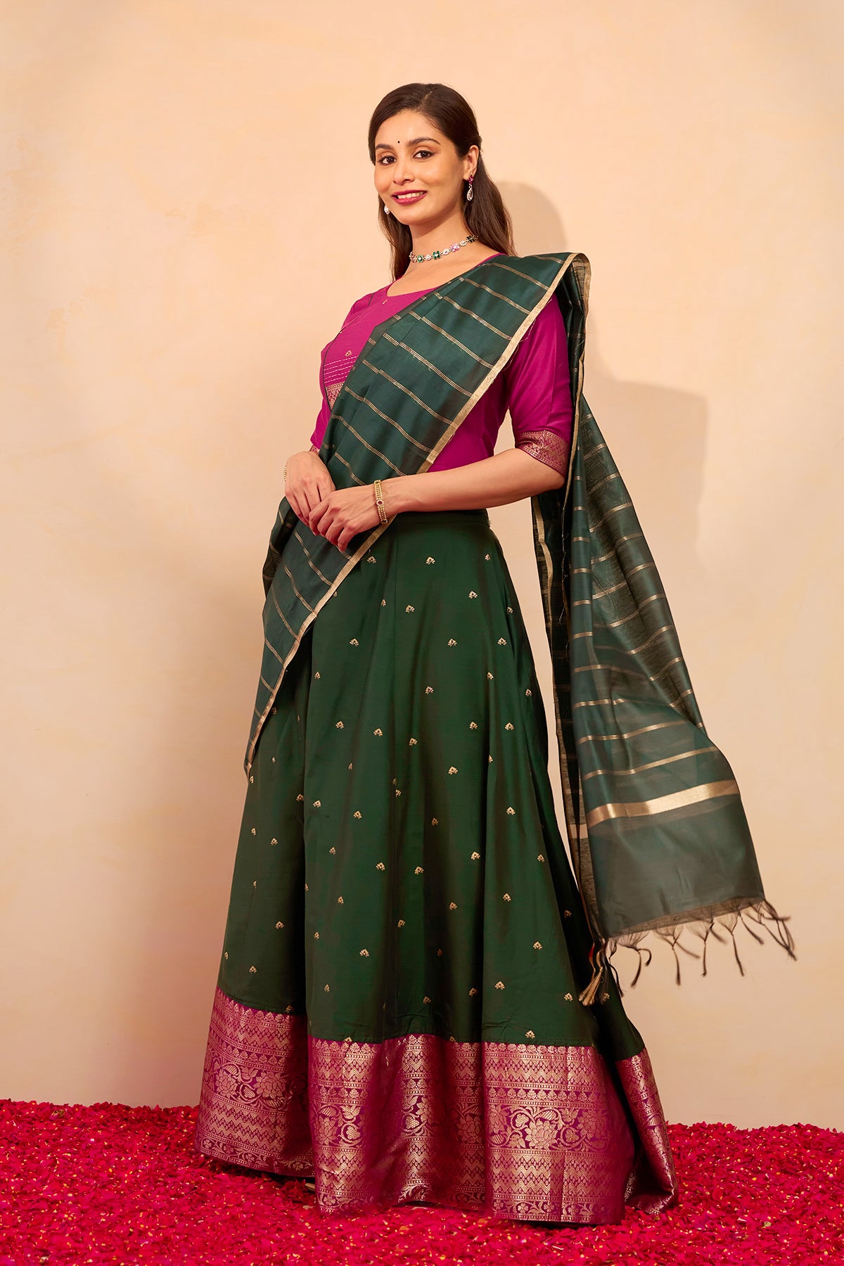 Zari Embellished Skirtset with Striped Dupatta - Green & Pink