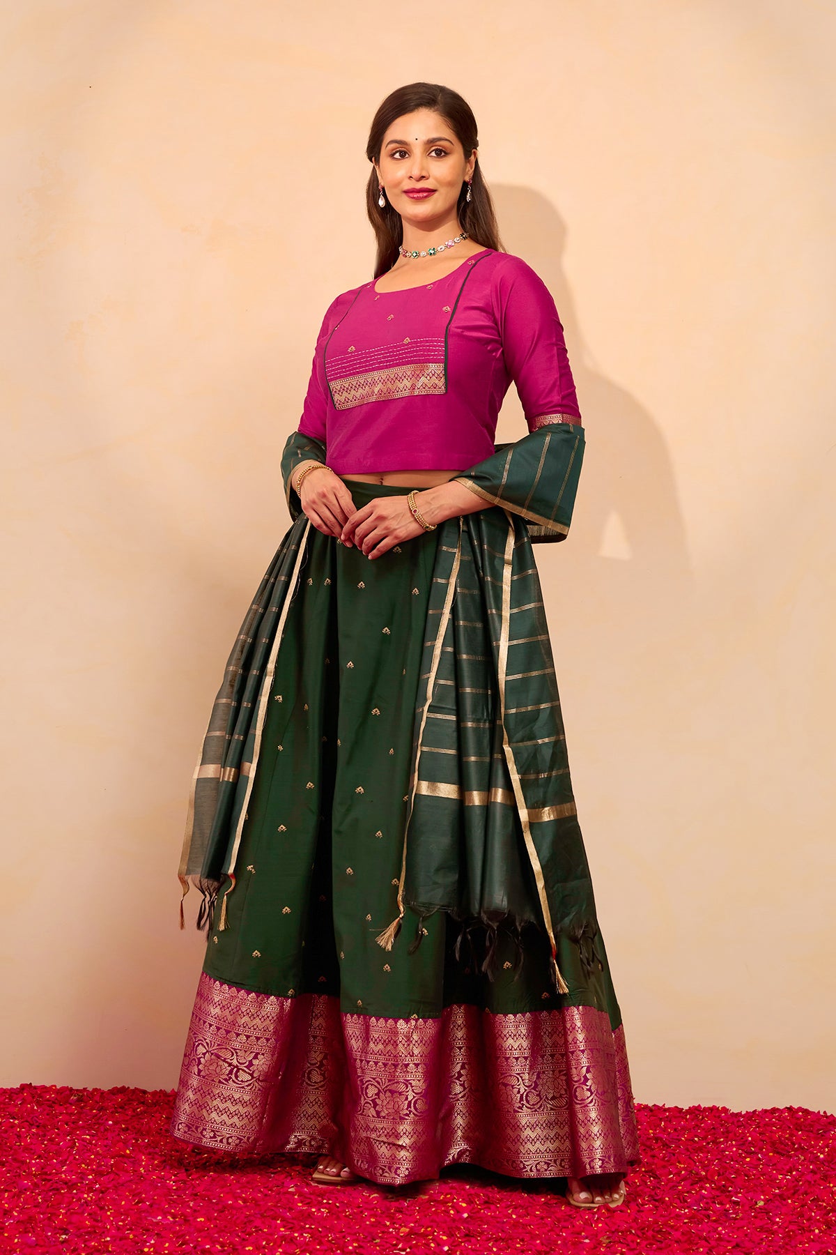 Zari Embellished Skirtset with Striped Dupatta - Green & Pink