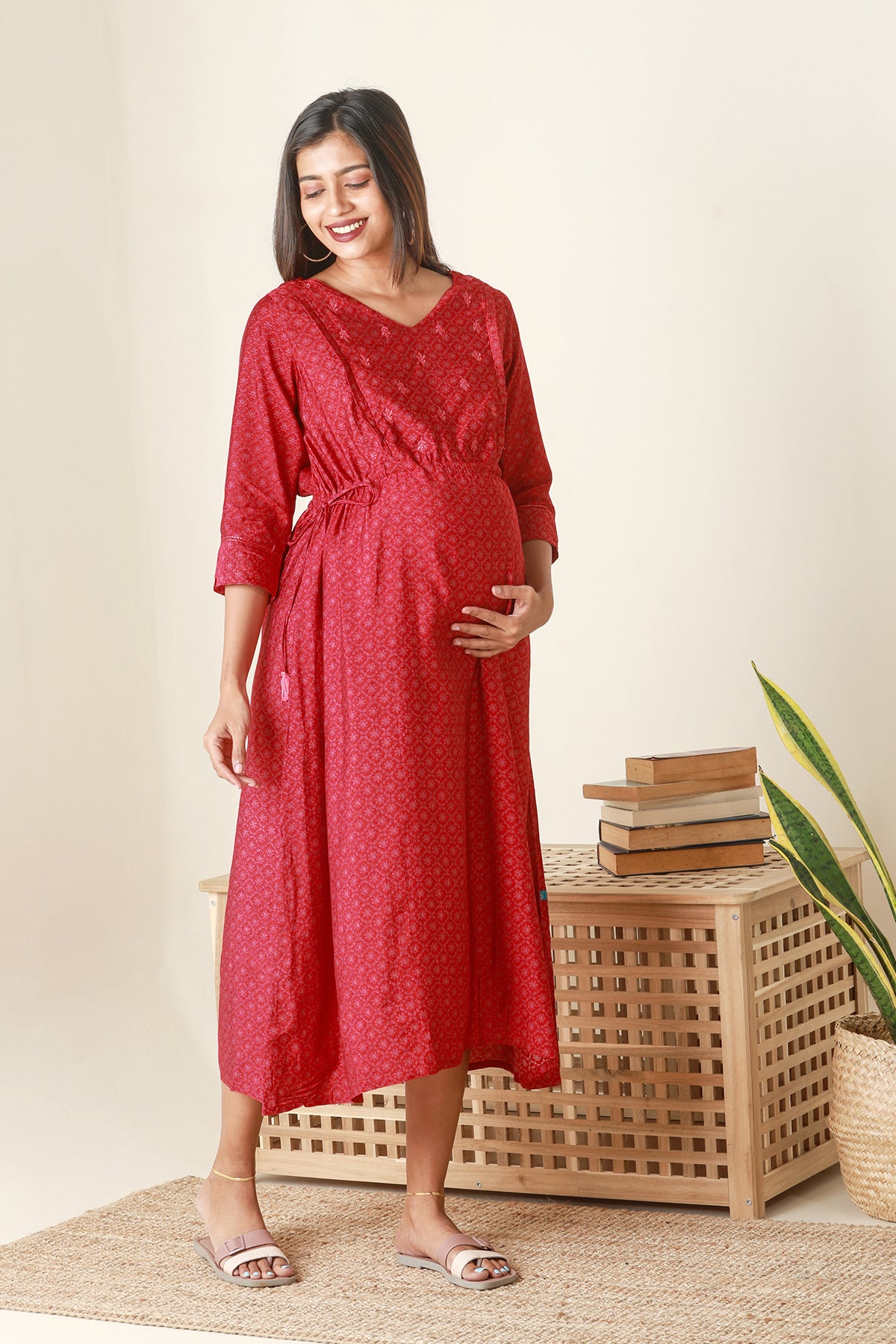Ditsy Floral Printed Maternity Kurta with Embroidered Yoke Red
