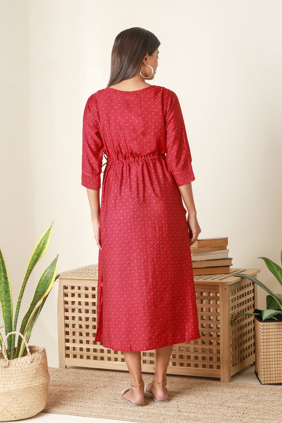 Ditsy Floral Printed Maternity Kurta with Embroiered Yoke- Red