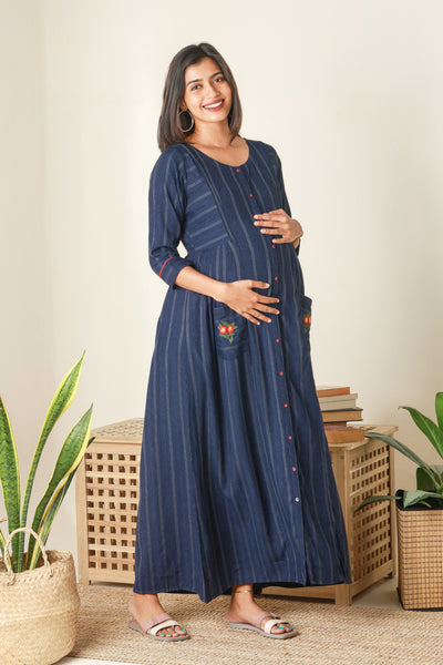 Textured Striped Maternity Dress with chic pockets - Navy Blue