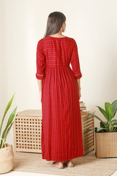 Textured Striped Maternity Dress with Pockets Maroon