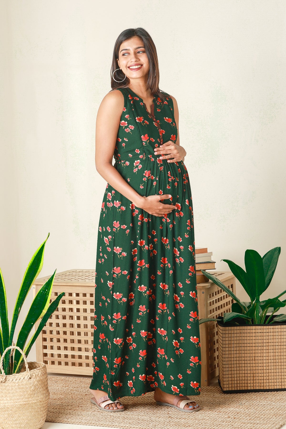 Contemporary Floral Printed Maternity Dress - Green