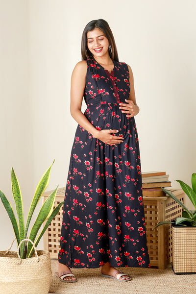 Contemporary Floral Printed Maternity Dress - Navy