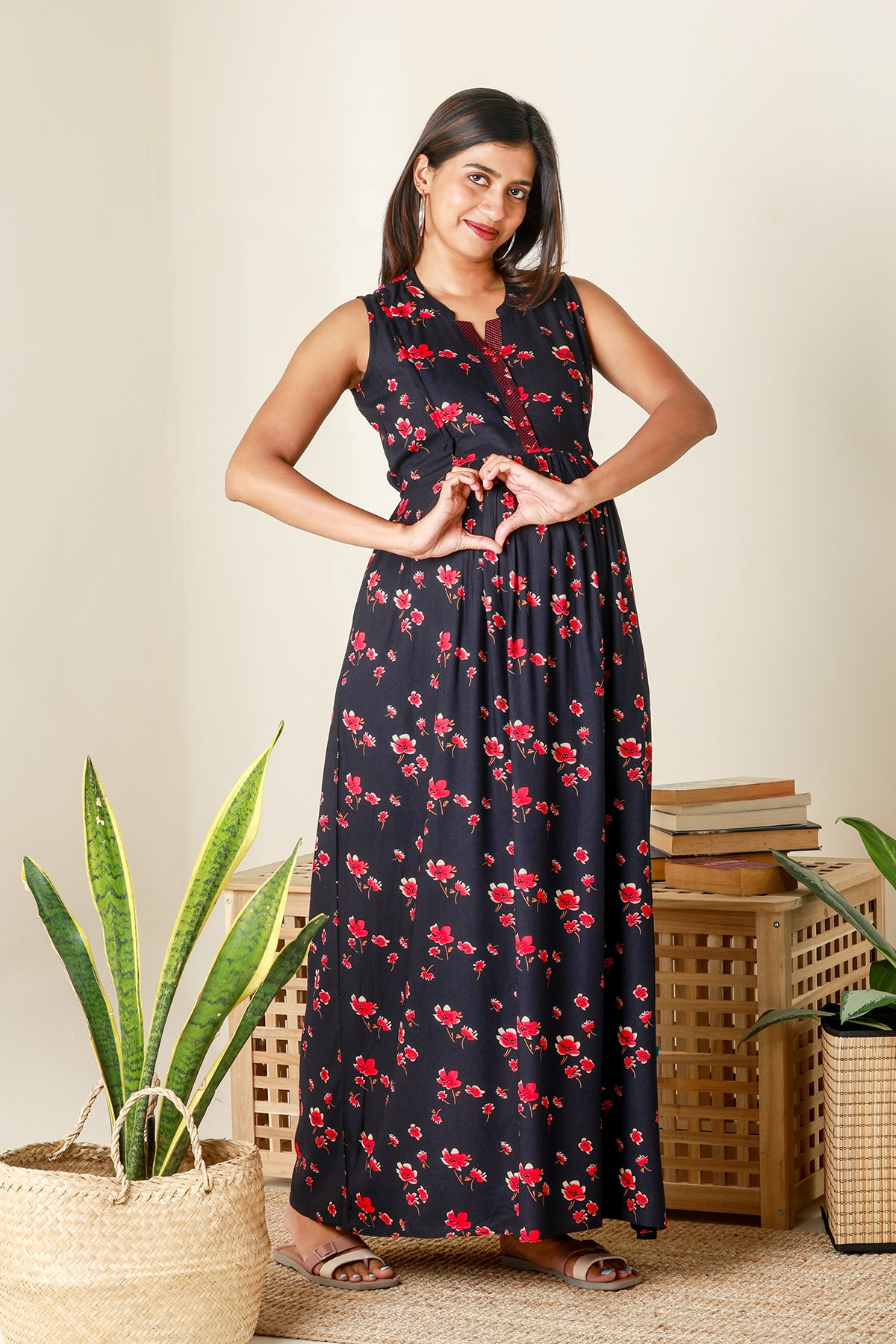 Contemporary Floral Printed Maternity Dress Navy