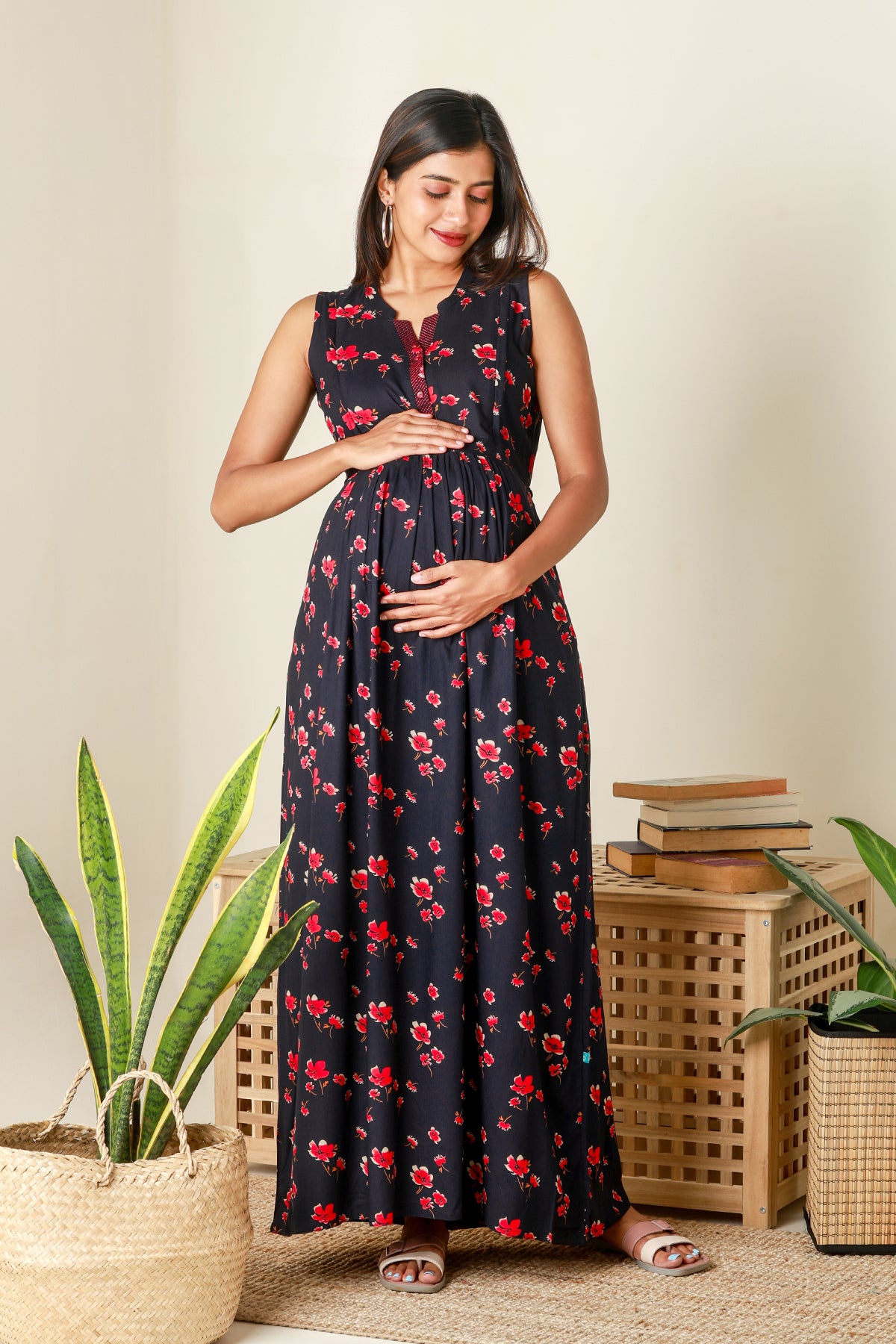 Contemporary Floral Printed Maternity Dress - Navy