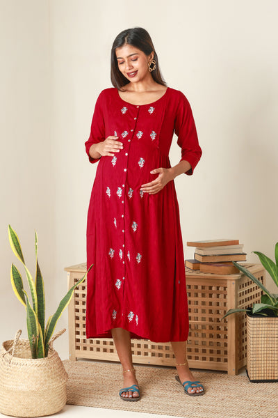 Chic Floral Embroidered Maternity Kurta - Red