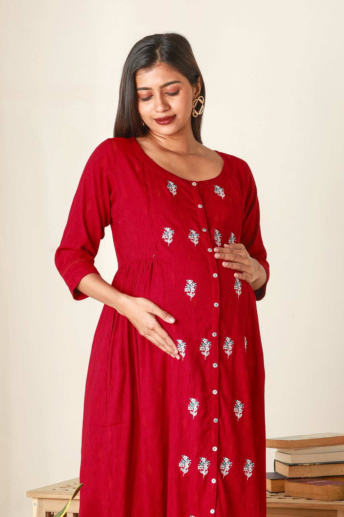 Chic Floral Embroidered Maternity Kurta - Red