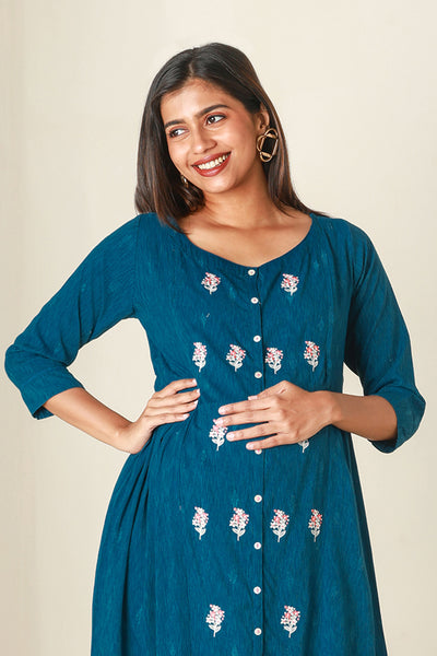 Chic Floral Embroidered Maternity Kurta - Blue