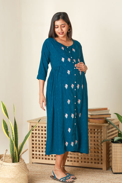 Chic Floral Embroidered Maternity Kurta - Blue