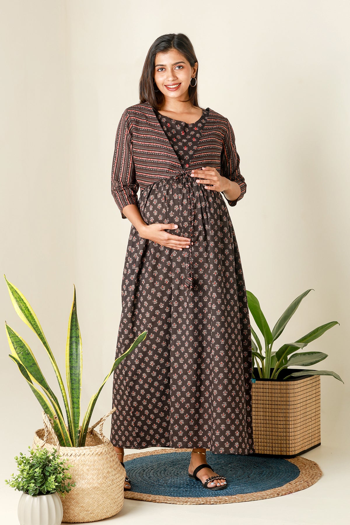 Ajrakh Printed Maternity Dress with Printed Jacket Black