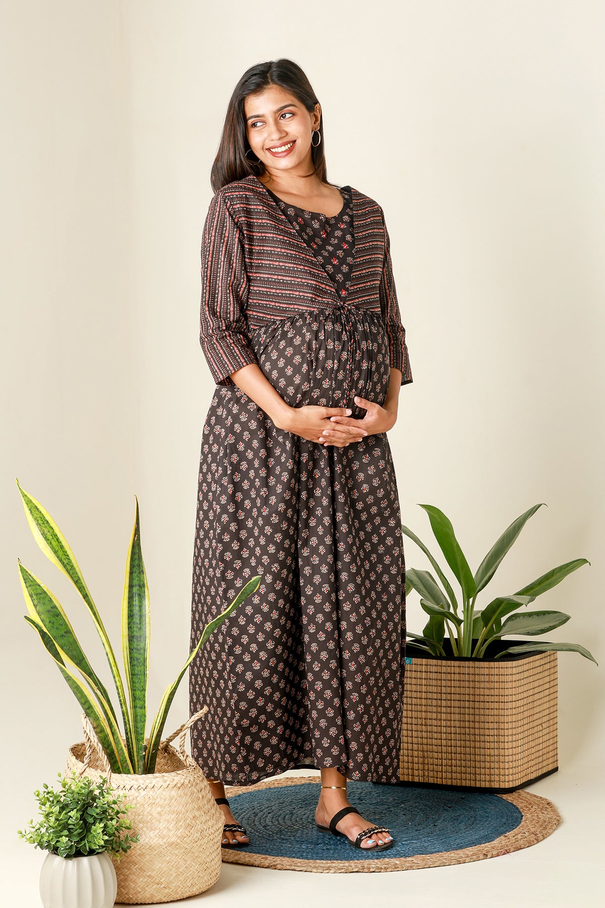 Ajrakh Printed Maternity Dress with Printed Jacket - Black