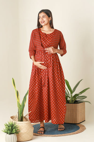 Ajrakh Printed Maternity Dress with Printed Jacket Red
