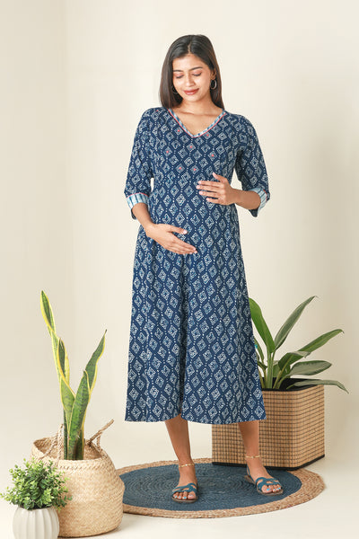 Digital Batik Printed A-Line Maternity Kurta - Blue