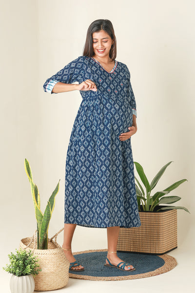 Digital Batik Printed A Line Maternity Kurta Blue