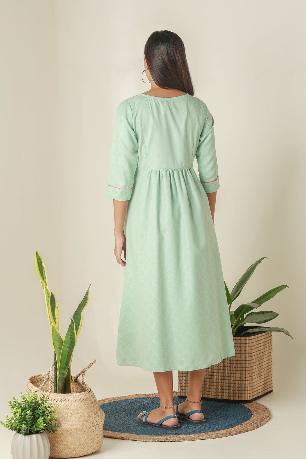 All Over Dobby Weave Maternity Kurta with Floral Embroidered Yoke - Green
