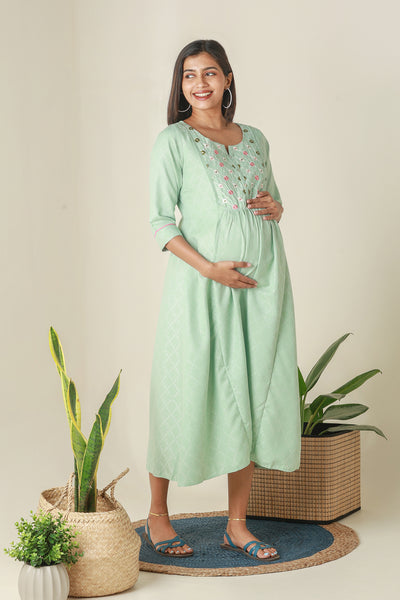 All Over Dobby Weave Maternity Kurta with Floral Embroidered Yoke Green