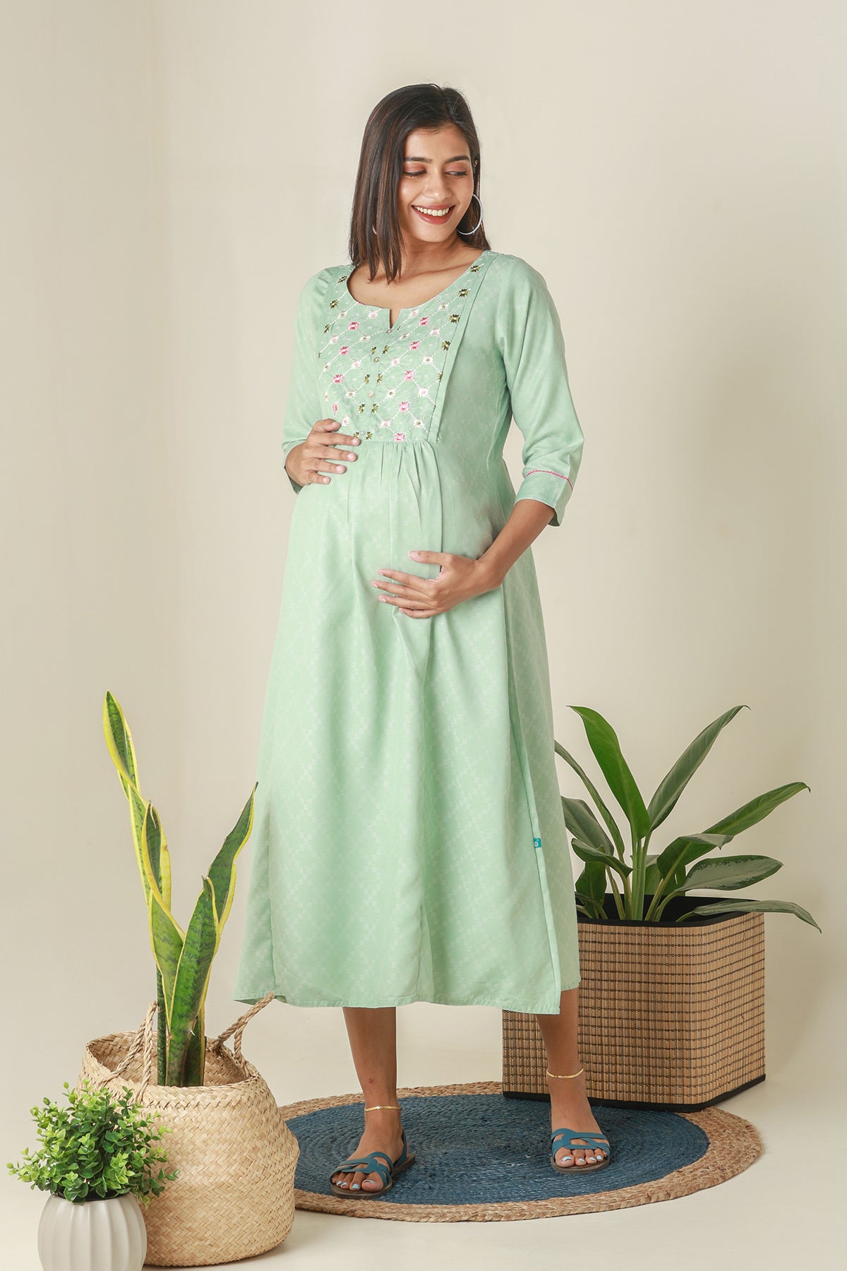 All Over Dobby Weave Maternity Kurta with Floral Embroidered Yoke Green