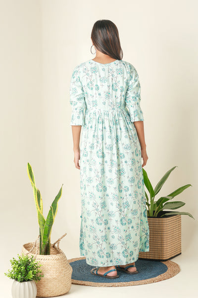 All Over Floral Printed Maternity Dress with Ruffled Yoke Blue