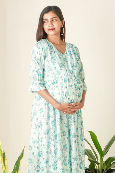 All Over Floral Printed Maternity Dress with Ruffled Yoke Blue