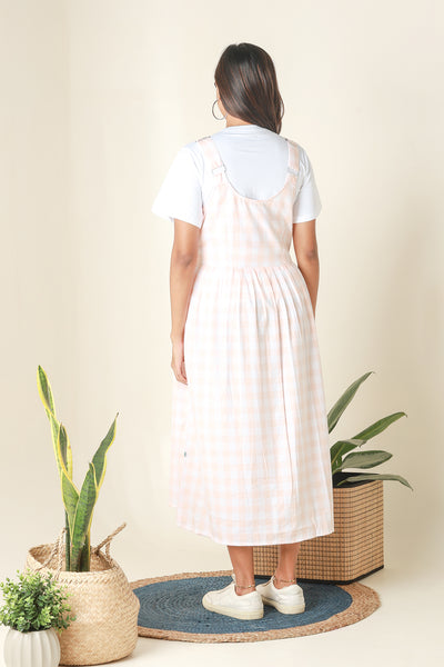 Plaid Dungaree Dress with T-Shirt - Peach