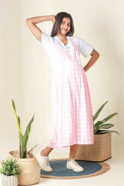 Plaid Dungaree Dress with T-Shirt - Pink