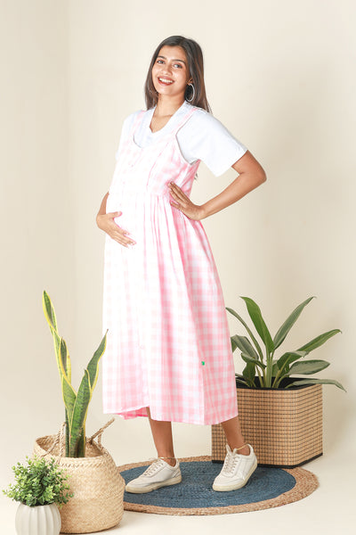 Plaid Dungaree Dress with T-Shirt - Pink