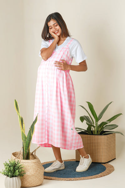 Plaid Dungaree Dress with T Shirt Pink