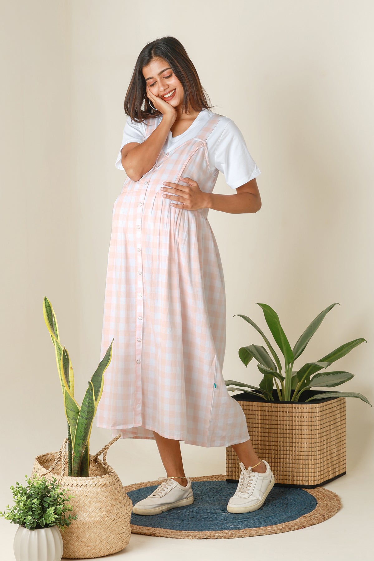 Plaid Dungaree Dress with T Shirt Peach