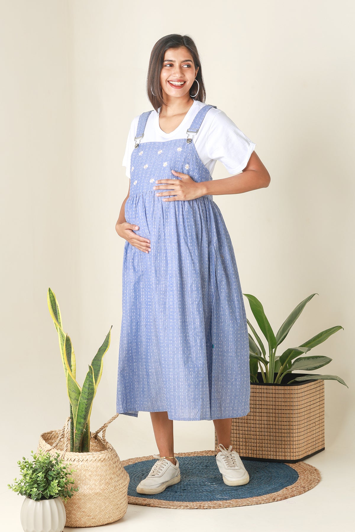 Dungaree Maternity Dress with Ditsy Embroidered Yoke - Blue
