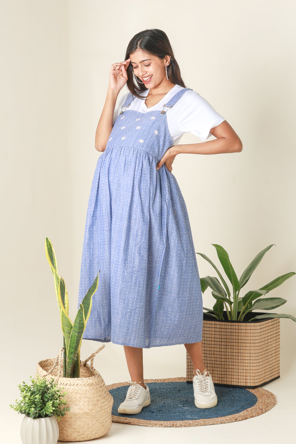 Dungaree Maternity Dress with Ditsy Embroidered Yoke Blue