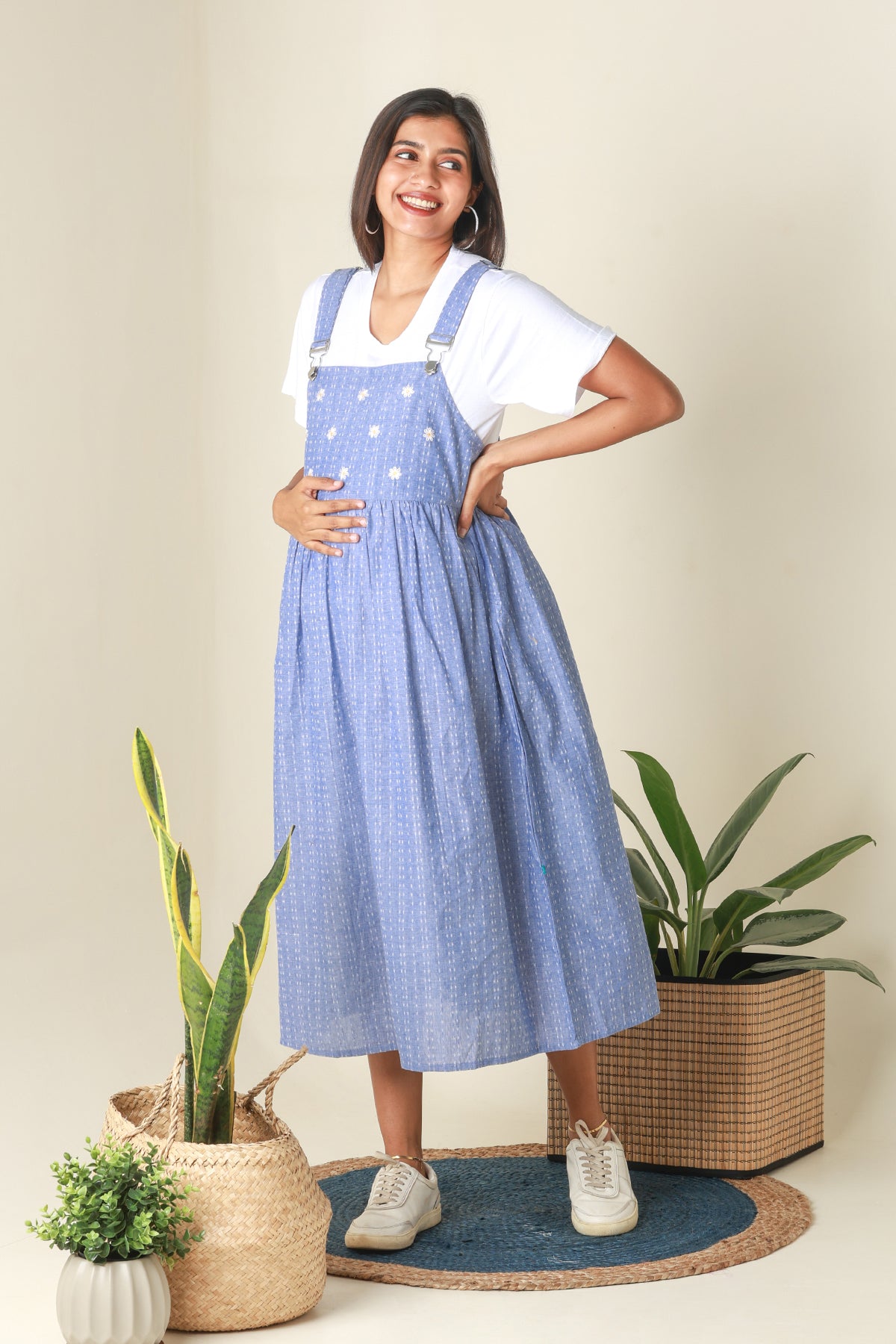 Dungaree Maternity Dress with Ditsy Embroidered Yoke - Blue