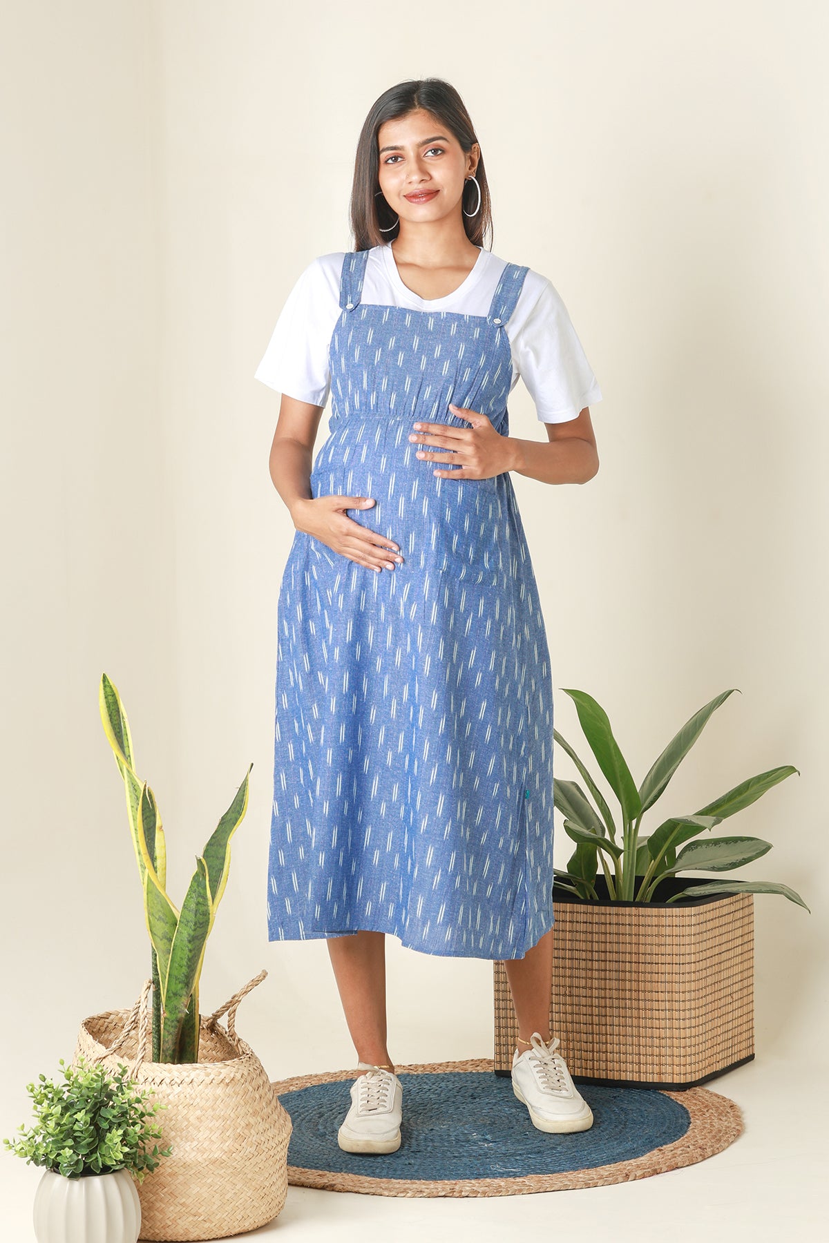 Ikkat Dungaree Maternity Dress with T-shirt- Blue