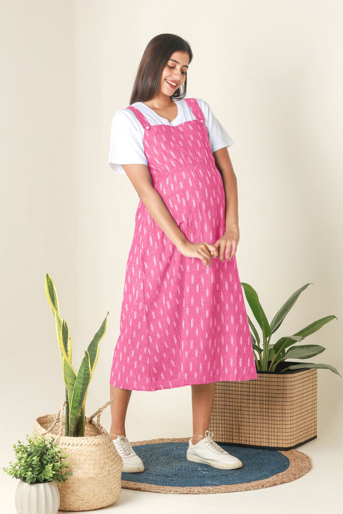 Ikkat Dungaree Maternity Dress with T-shirt- Pink