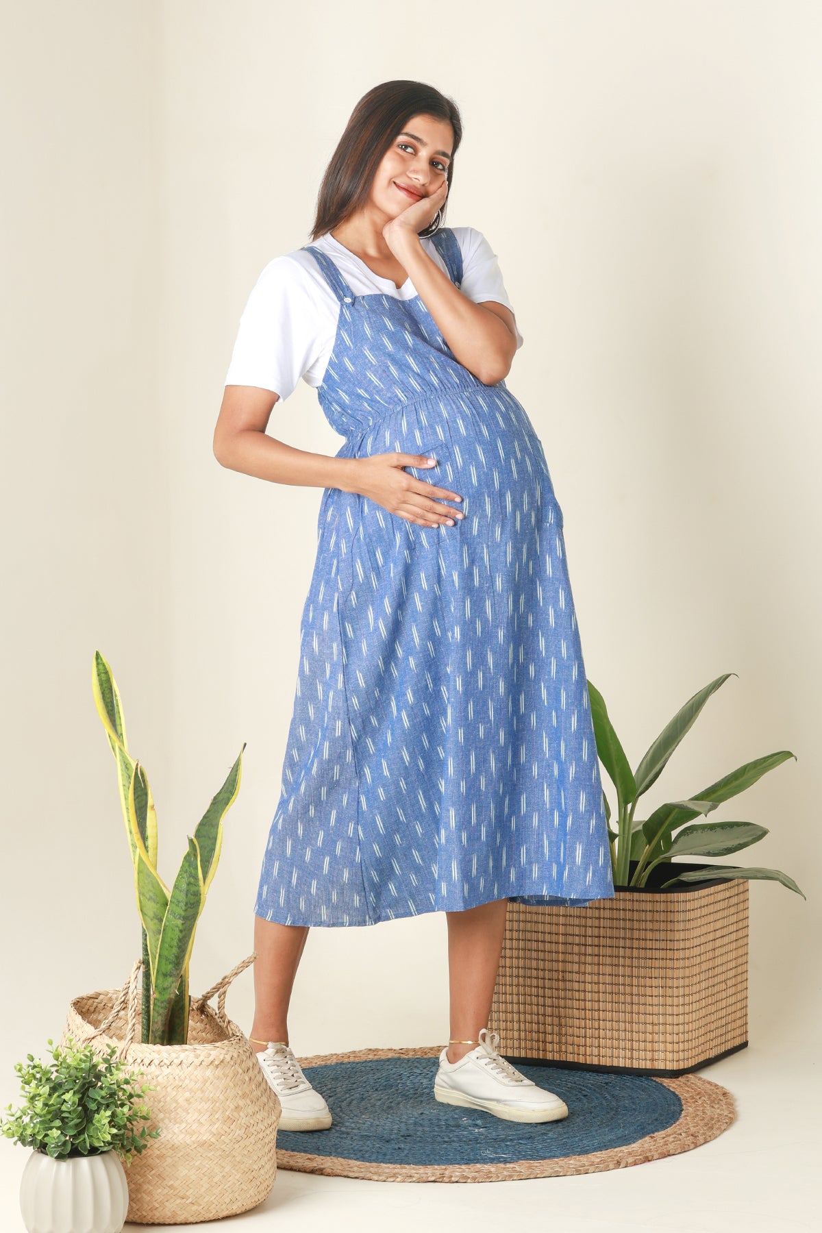 Ikkat Dungaree Maternity Dress with T-shirt- Blue