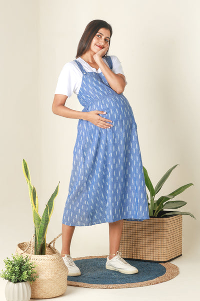 Ikkat Dungaree Maternity Dress with T Shirt Blue