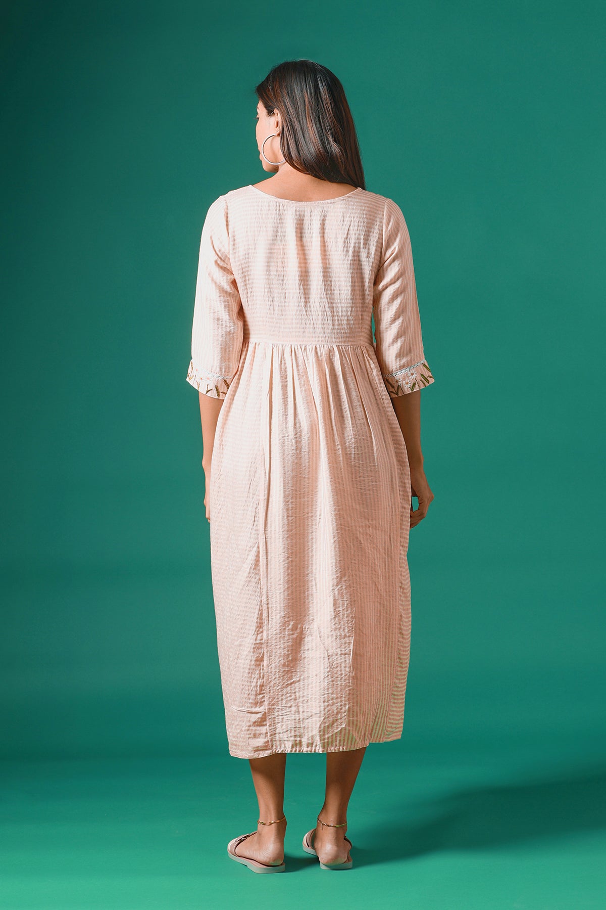 Stripes Patterned Maternity Kurta with delicate floral embroidery - Peach