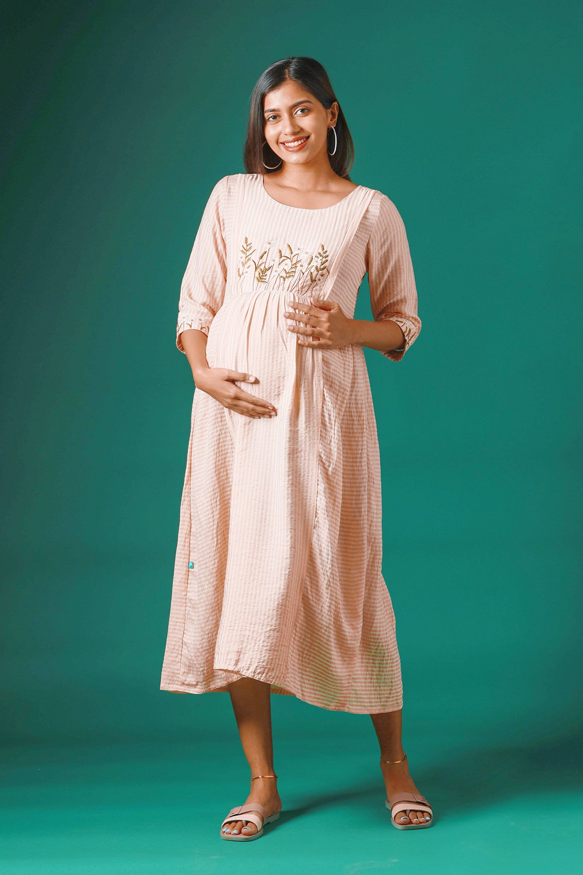 Stripes Patterned Maternity Kurta with delicate Floral Embroidery Peach