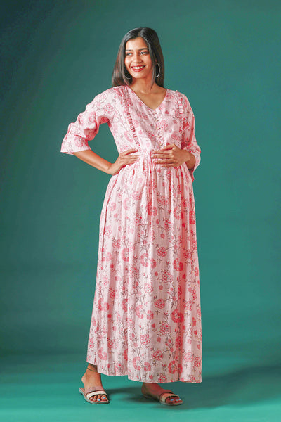 All Over Floral Printed Maternity Dress with Ruffled Yoke - Pink
