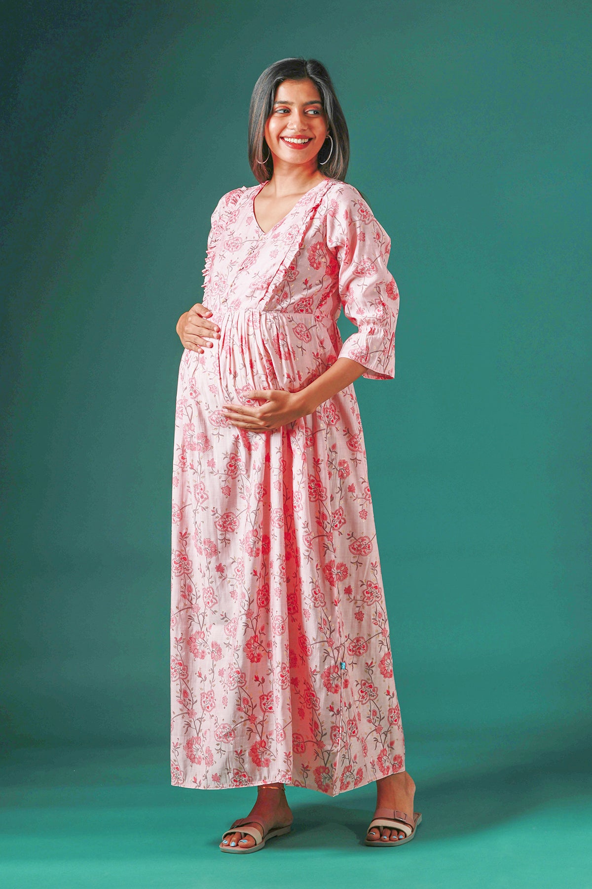 All Over Floral Printed Maternity Dress with Ruffled Yoke Pink