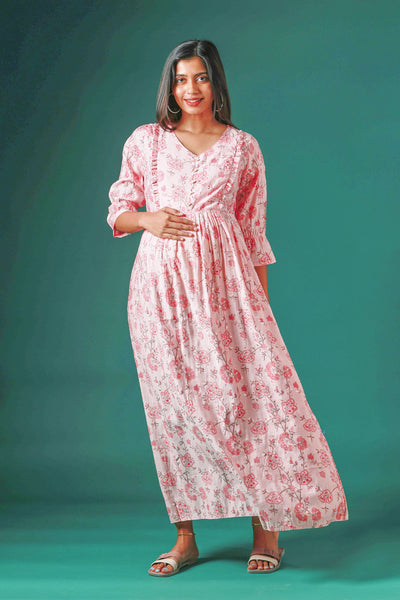 All Over Floral Printed Maternity Dress with Ruffled Yoke Pink