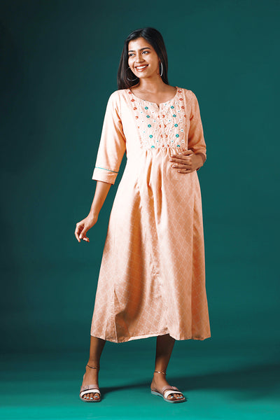 All Over Textured Maternity Kurta with Floral Embroidered Yoke - Peach