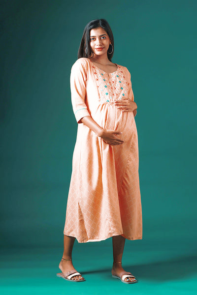 All Over Textured Maternity Kurta with Floral Embroidered Yoke - Peach