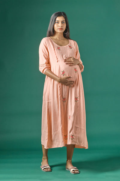 Floral Printed Maternity Kurta with Striped Jacket- Peach